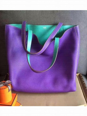 Hermes Double Sens Shopping Tote Bag In Original Togo Leather Purple/Ocean Green