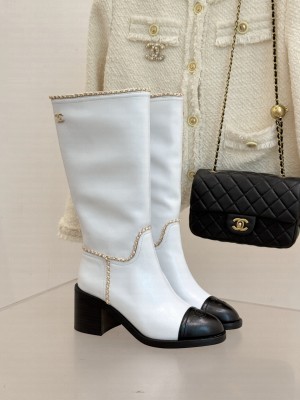 Chanel Calfskin Leather Heel High Boots 5cm with Chain White