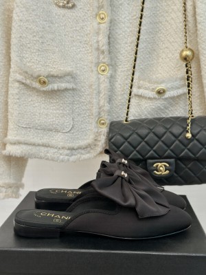 Chanel Satin Flat Mules with Maxi Bow Black 2024  
