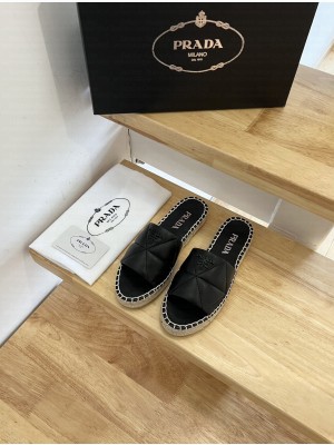 Prada Nappa Leather Espadrille Slides Black
