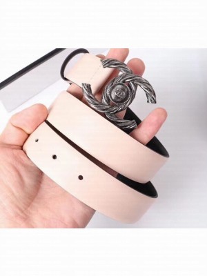 Chanel Width 3cm Braided CC Logo Buckle Leather Belt Nude Pink