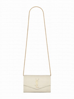 Saint Laurent Uptown Chain Wallet In Crocodile-Embossed Shiny Leather White