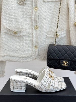 Chanel Tweed slides sandals with cc logo white