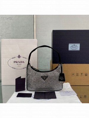Prada Crystal Hobo Bag 22cm 6641 Nylon Leather Cruise 2021 Collection, Black