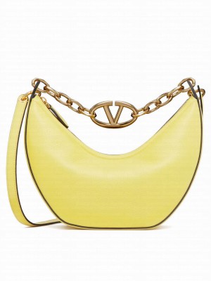 Valentino Small Vlogo Moon Hobo Bag In Grainy Calfskin With Chain Yellow