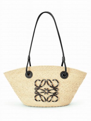 Loewe Small Anagram Basket Bag In Iraca Palm And Calfskin Black