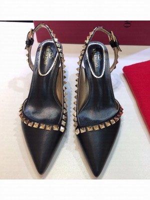 Valentino Heel 6.5cm Rockstud Slingback Pumps Sandals Black