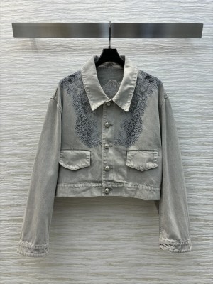 Ermanno Scervino Lace Hollow Embroidered Denim Jacket Gray