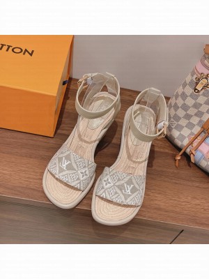 Louis Vuitton Wedge Monogram Open Toe Casual Style Blended Fabrics Street Style beige