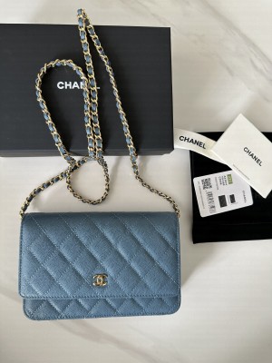 Chanel Caviar Leather & Gold-Tone Metal Wallet On Chain WOC Bag A33814 Blue