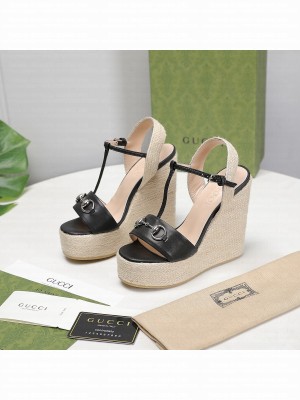 Gucci Calfskin 13cm black Espadrilles Wedge Sandals 2021 Collection