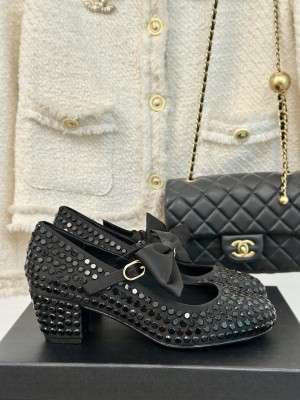 Chanel Satin & Strass Mary Janes 5cm Pumps with Bow Black 