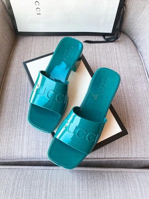 GUCCI HEEL 5.5CM PLATFORM 2.5CM EMBOSSED LOGO RUBBER SLIDE SANDALS GREEN