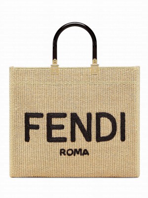 Fendi Medium Embroidered Straw Tote Bag Apricot