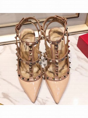 Valentino Heel 9.5cm Rockstud Caged Pumps in Patent Leather Beige