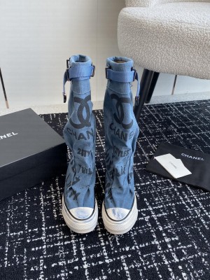Chanel Graffiti Canvas High Boots Blue 02