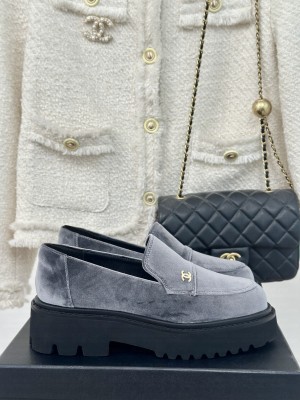 Chanel Women's Platform Velvet Moccasins Loafer Gray 2024