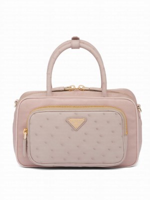 Prada Re-Nylon And Ostrich Leather Two-Handle Bag Apricot