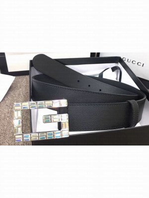 Gucci Width 3.5cm Leather Belt Black with Crystals Square G Buckle