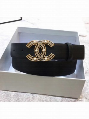 Chanel Width 3cm Calfskin Belt With Crystal Pearl CC Buckle Black 2020 Collection