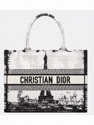 Medium Dior Book Tote White and Black Paris Embroidery M1296ZEG