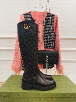 Gucci 4cm Embossed Leather High Boots Black