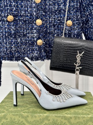 Gucci Women's Light Blue Patent Leather 12cm Rhinestone Chain Pumps 