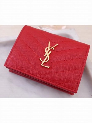 Saint Laurent Monogram Card Case in Grained Embossed Leather 530841 Red/Gold