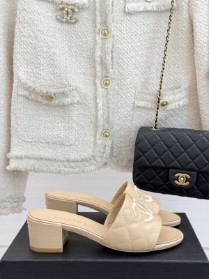 Chanel Quilted Lambskin CC Logo 6cm Slide Mule Beige 2025