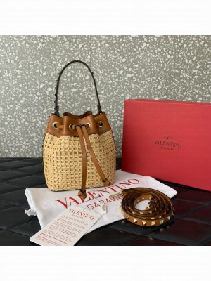 VALENTINO VLOGO SIGNATURE RAFFIA Mini Bucket Bag 03191 brown