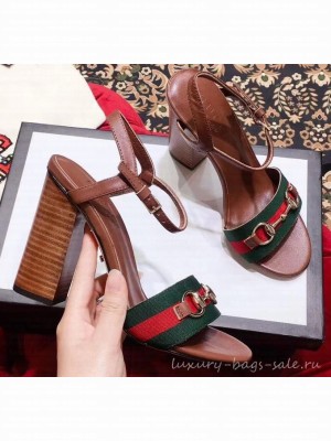 Gucci Heel 6.5cm/10.5cm Web Horsebit Fabric and Leather Sandals Brown 2019