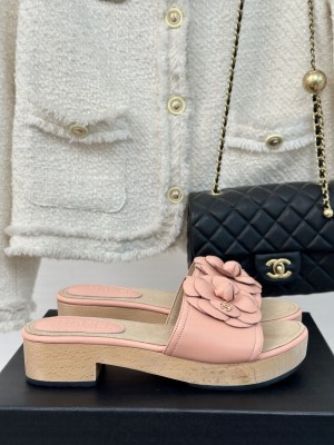 Chanel Calfskin Heel Slides Sandal 4cm with Camellia Bloom 07