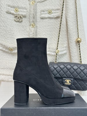 Chanel Suede Kidskin & Patent Calfskin Black G45195 Boots