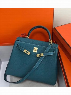 Hermes Kelly 25 Bag in Calf Leather with Gold Hardware Blue Jean