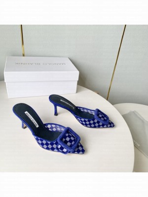 MANOLO BLAHNIK MAYSALEBIUS Blue Mesh Checkered Mules