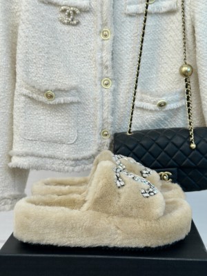 Chanel Wool Platform Rhinestone CC Logo Slide Mules 2024 Beige