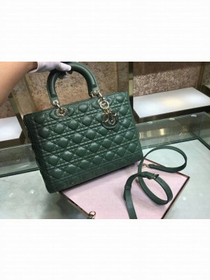 Dior Large Lady Dior Bag in dark green sheepskin Leather with Gold Hardware 