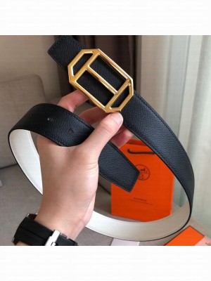 Hermes Pad Reversible Leather Buckle Belt 38mm Black/White 2019 Collection