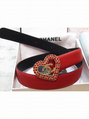 Chanel Width 3cm Chain Heart CC Logo Buckle Leather Belt Red