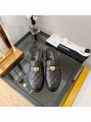 Chanel Quilted Lambskin Mules with Love Charm Black