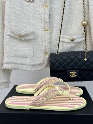 Chanel Striped Flat Thong Slides Sandal Pink/White 2024