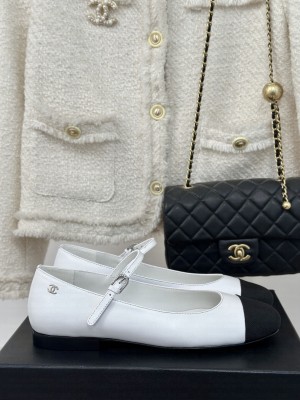 Chanel Women's Lambskin & Grosgrain Mary Janes Ballet Flat White