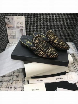 Chanel Chain Embellished Mules Tweed/Lambskin Leather Spring/Summer 2021 Collection,  Black/Gold