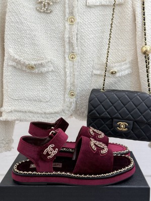 Chanel flat double C with chain sandals burgundy velvet 2025