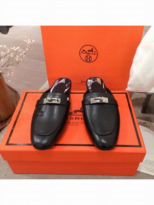 Hermes Classic Kelly Calfskin Flat Mules Black 2020 Collection