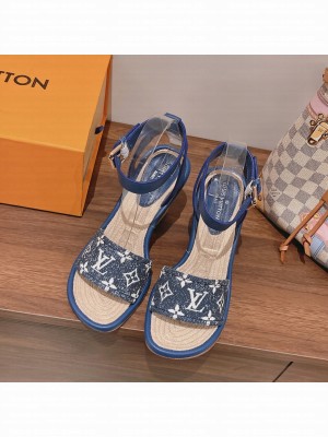 Louis Vuitton Wedge Monogram Open Toe Casual Style Blended Fabrics Street Style blue