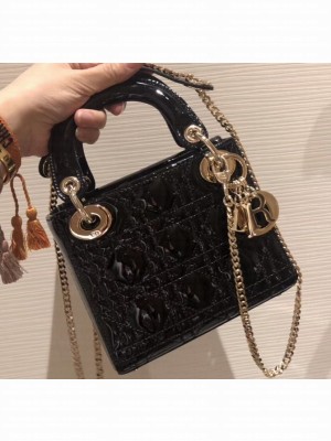 Lady Dior Mini Bag in Cannage with Chain Patent Black/Gold