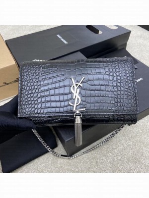 YSL KATE MEDIUM WITH TASSEL IN CROCODILE-EMBOSSED SHINY LEATHER B377829 black