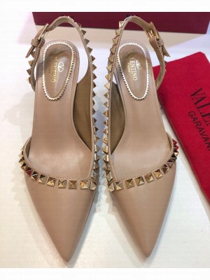 Valentino Heel 6.5cm Rockstud Slingback Pumps Sandals Nude
