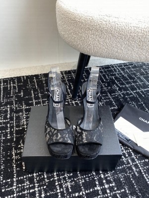 Chanel Platform 4cm Heel 12cm Lace Sandals White